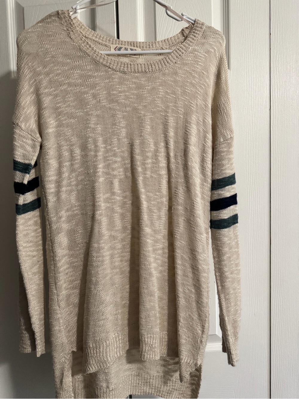 Pink Rose Cream Scoop Neck Sweater with Navy & Teal Sleeve Stripes